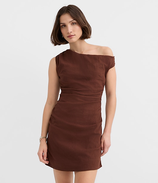 Petite LOFT Beach Ruched Off The Shoulder Mini Dress