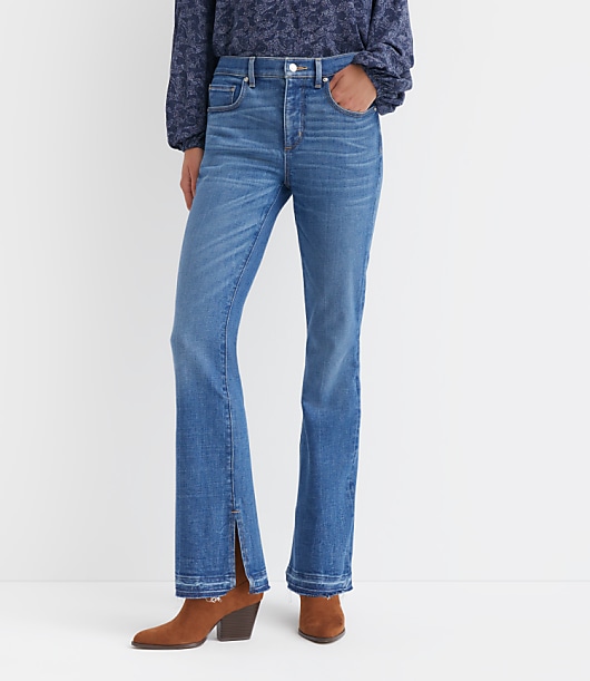 Split Unpicked Hem Mid Rise Boot Jeans in Bright Medium Stone Wash