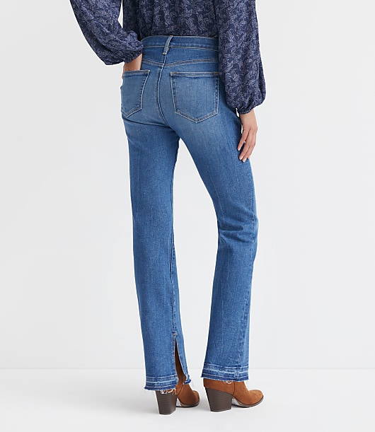 Split Unpicked Hem Mid Rise Boot Jeans in Bright Medium Stone Wash