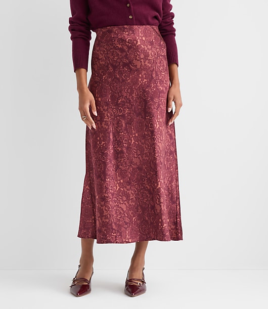 Floral Lace Print Satin Bias Maxi Skirt