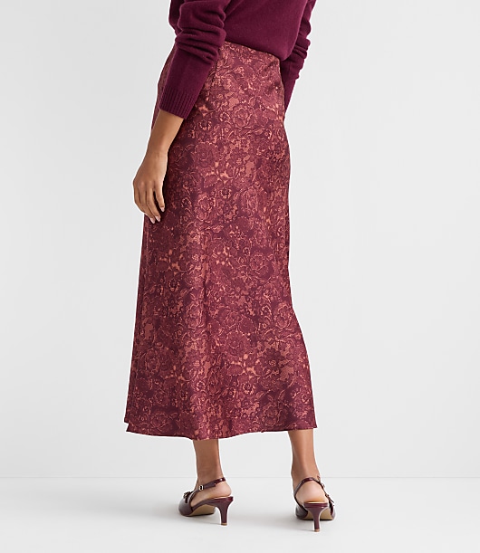 Floral Lace Print Satin Bias Maxi Skirt