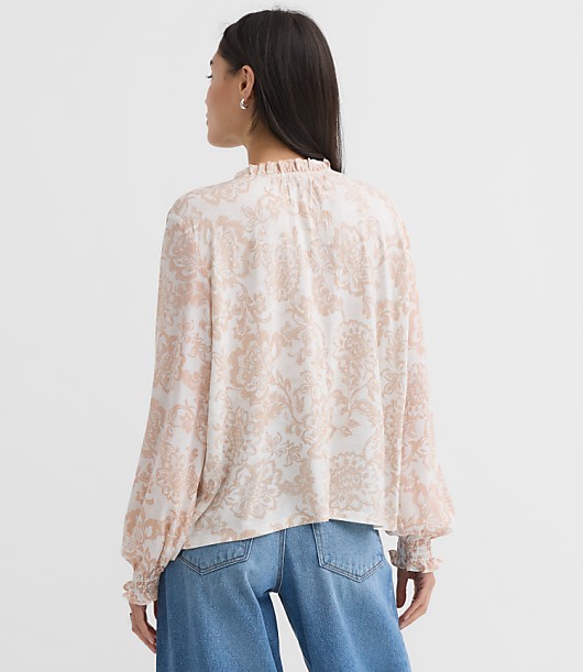 Petite Floral Pintucked Ruffle Mixed Media Blouse