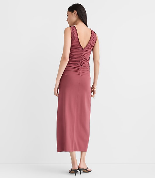 Ruffle Double V Ruched Midi Dress