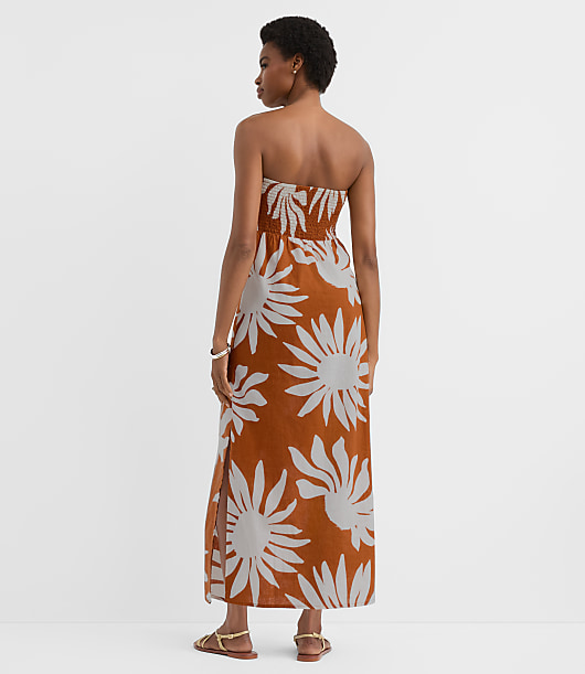 LOFT Beach Floral Side Ruched Linen Cotton Strapless Maxi Dress