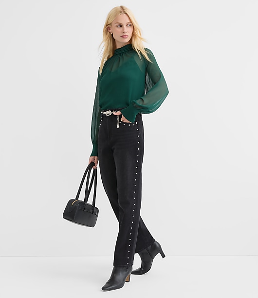 Pleated Mock Neck Blouse