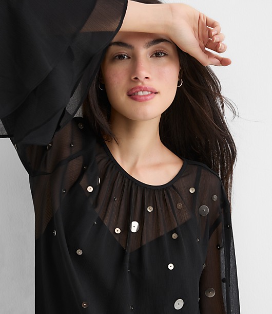 Petite Sequin Ruffle Peplum Blouse