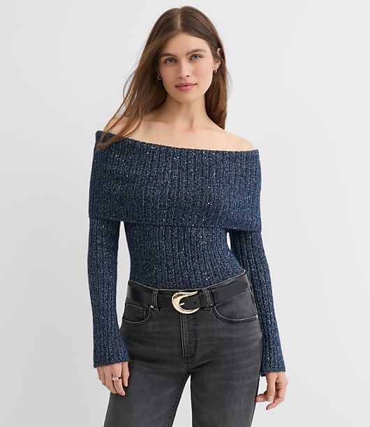 Petite Shimmer Ribbed Flare Sleeve Off The Shoulder Sweater