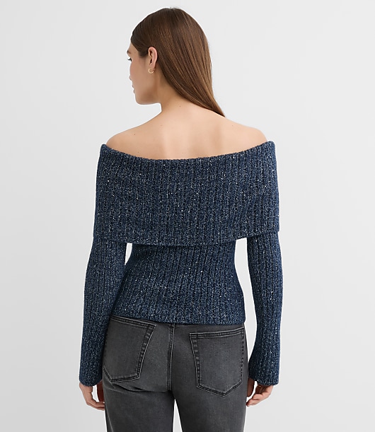 Petite Shimmer Ribbed Flare Sleeve Off The Shoulder Sweater