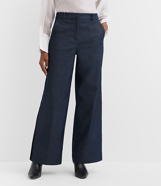 Petite Velvet Tuxedo Stripe Clean Wide Leg Pants in Refined Denim