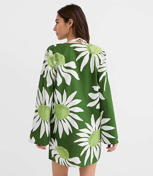 LOFT Beach Floral Linen Cotton Flare Sleeve Mini Dress