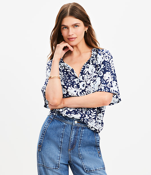 Floral Ruffle Tie Neck Blouse