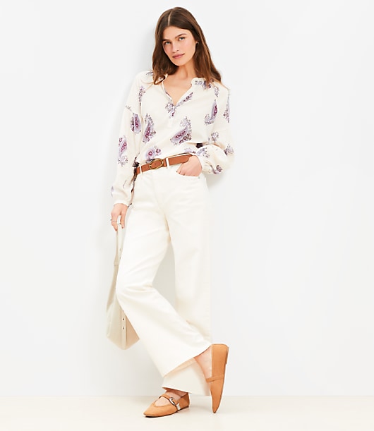 Petite Paisley Draped Sleeve Henley Blouse
