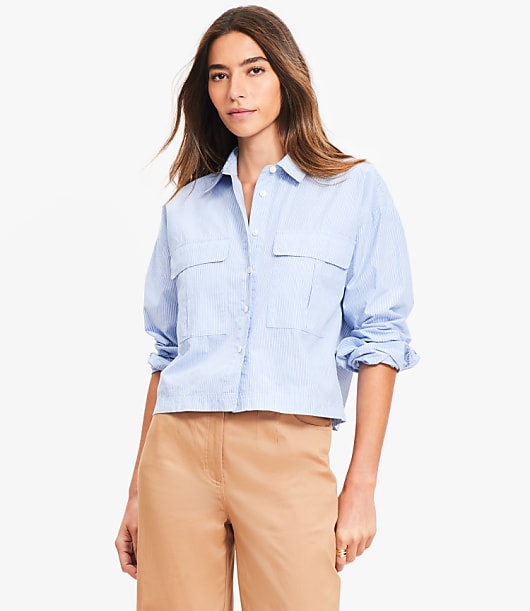 Striped Poplin Wide Sleeve Modern Utility Shirt