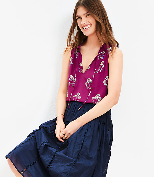 Petite Floral Ruffle Tie Neck Mixed Media Blouse