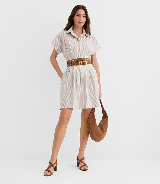 Striped Poplin Pleated Mini Pocket Shirtdress