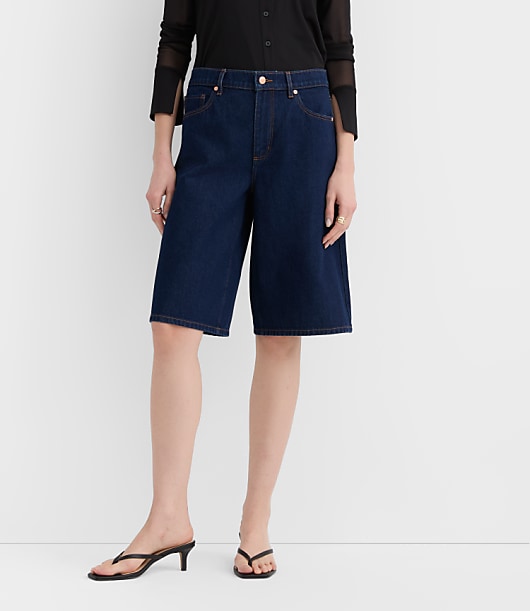 Rivete Petite High Rise Denim Bermuda Shorts in Dark Rinse