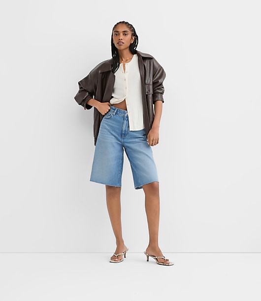 Rivete Petite High Rise Denim Bermuda Shorts in Vintage Mid Wash
