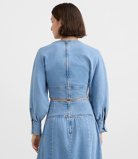 Petite Yoke Denim Blouse in Light Wash Indigo