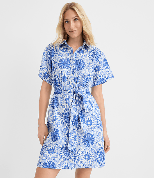 Petite Mosaic Linen Cotton Mini Pocket Shirtdress