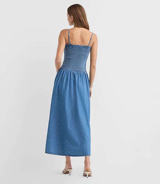 Petite Chambray Smocked Strappy Midi Pocket Dress