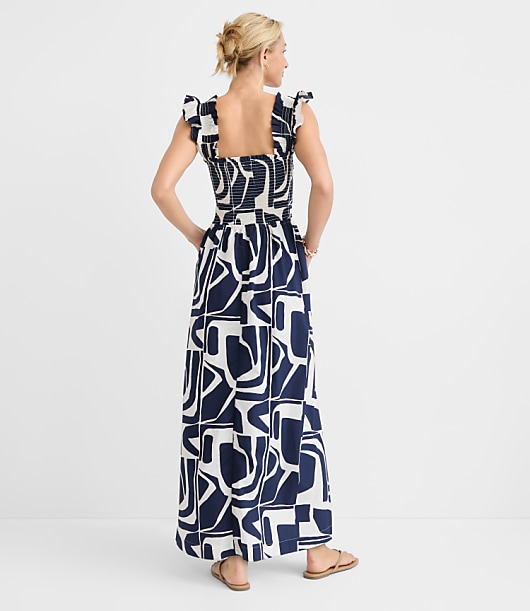 Petite LOFT Beach Geo Poplin Ruffle Strap Maxi Pocket Dress