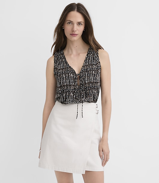Loft Petite Dotted Pleated Tie V-Neck Shell