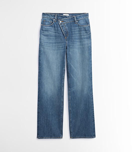 Rivete Curvy Crossover Waist Mid Rise Relaxed Straight Jeans in Vintage Distressed Wash