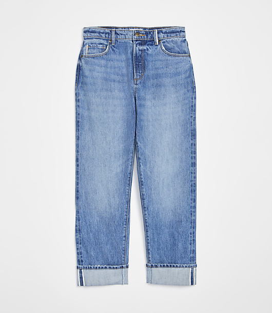 Rivete Selvedge Curvy Cuffed High Rise Straight Jeans Medium Stone Wash