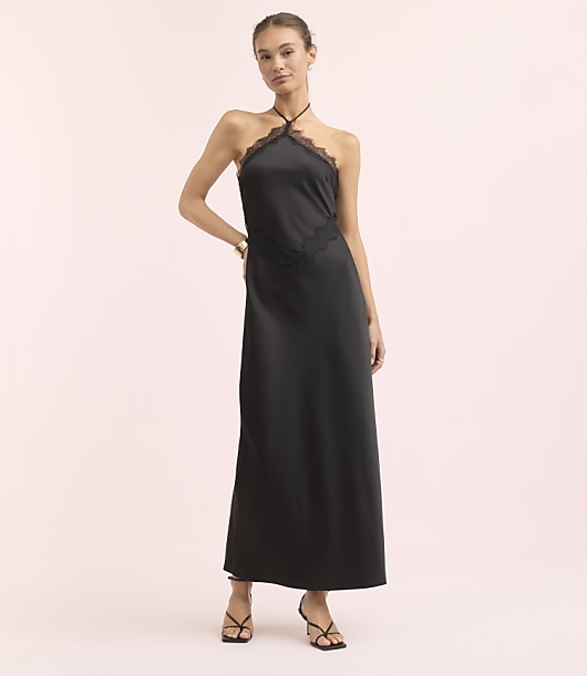 Lately Lace Trim Halter Midi Slip Dress