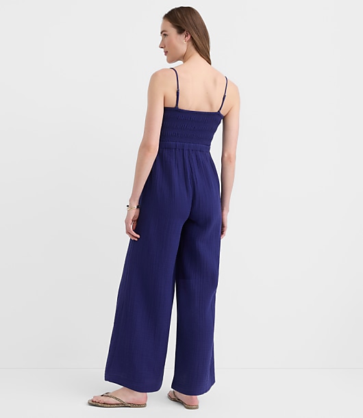 Petite LOFT Beach Triple Cloth Smocked Jumpsuit