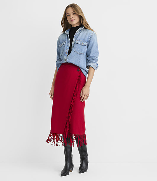 Petite Fringe Midi Wrap Skirt