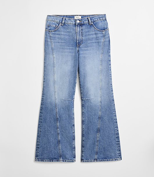 Rivete Petite Curvy Seamed Mid Rise Relaxed Flare Jeans in Classic Light Indigo