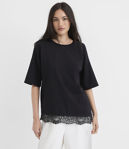 Loft Petite Asymmetrical Lace Hem Tee