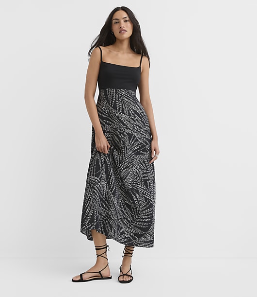 Loft Petite Leafed Strappy Mixed Media Midi Pocket Dress