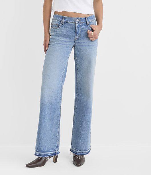Rivete Petite Let Down Hem Low Rise Wide Leg Jeans in Aura Wash