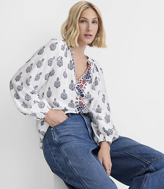 Petite Border Paisley Shirred Split Neck Blouse