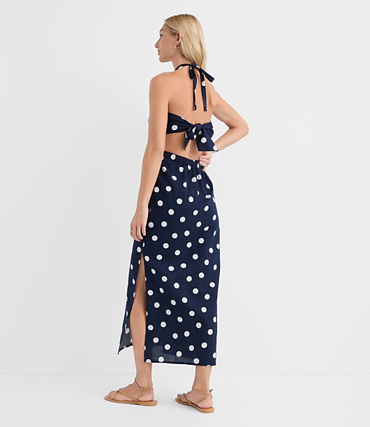 Petite LOFT Beach Polka Dot Linen Cotton Cutout Halter Maxi Dress