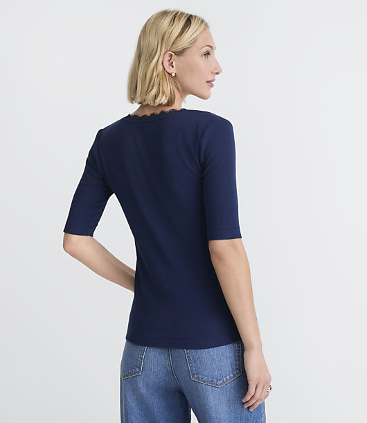 Petite Lace Trim V-Neck Perfect Ribbed Elbow Sleeve Tee
