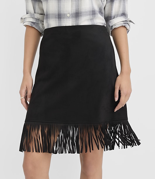 Petite Fringe Faux Suede Midi Skirt
