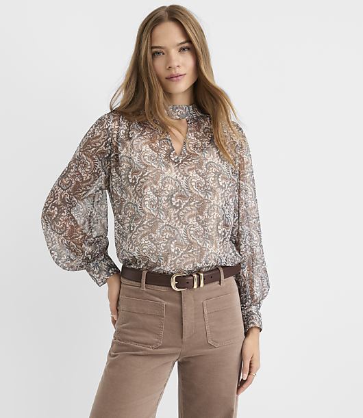 Shimmer Paisley Keyhole Mock Neck Blouse