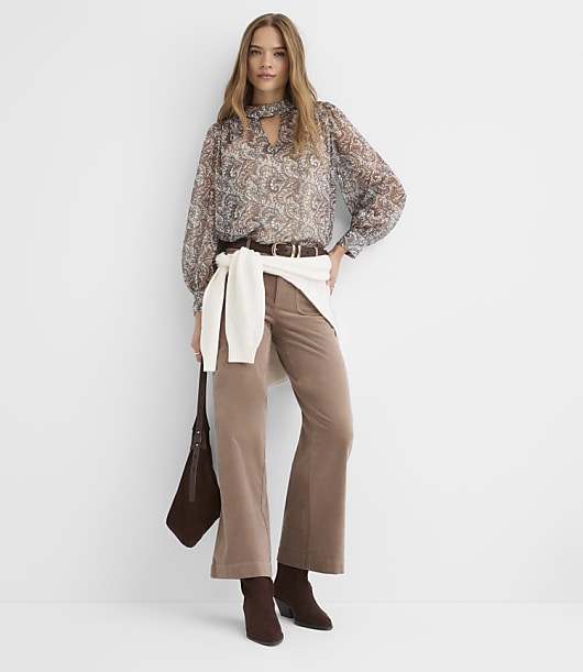 Shimmer Paisley Keyhole Mock Neck Blouse