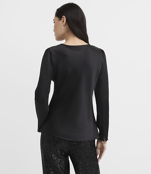 Petite Satin Puff Sleeve V-Neck Top