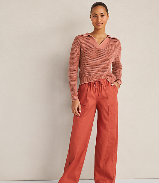 Haven Well Within Cotton Wave Stitch Johnny Collar Sweater - Hibiscus