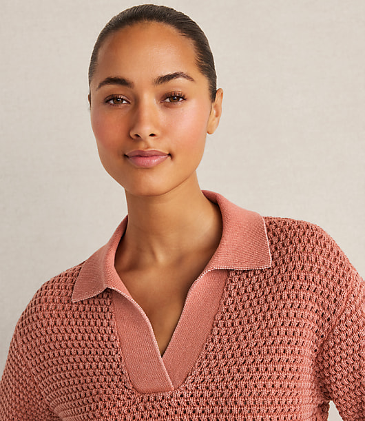 Haven Well Within Cotton Wave Stitch Johnny Collar Sweater - Hibiscus
