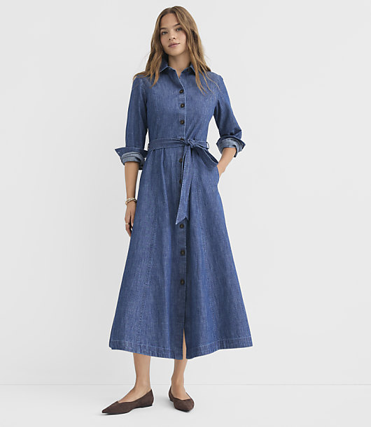 Chambray Belted Midi Pocket Shirtdress