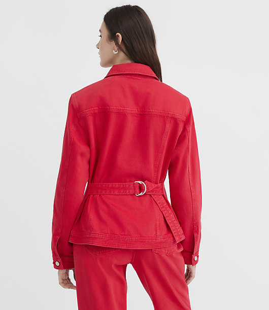 Belted Back Seamed Denim Jacket in Tango Red