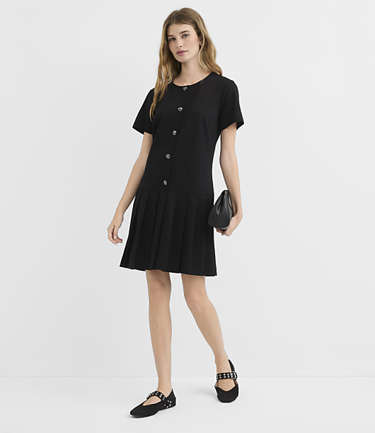 Ponte Button Pleated Mini Flounce Dress