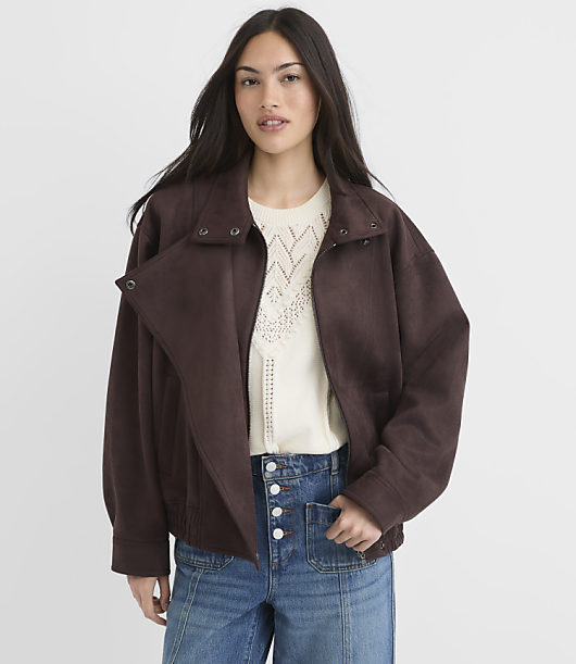 Faux Suede Asymmetrical Bomber Jacket