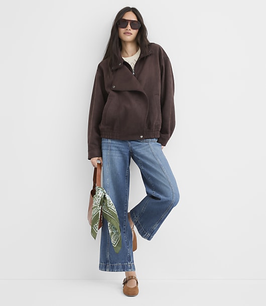Faux Suede Asymmetrical Bomber Jacket