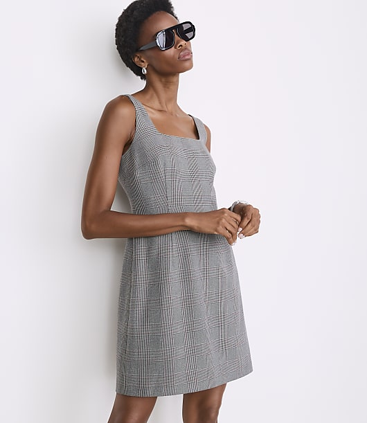 Petite LOFT Versa Plaid Seasonless Stretch Square Neck Mini Dress
